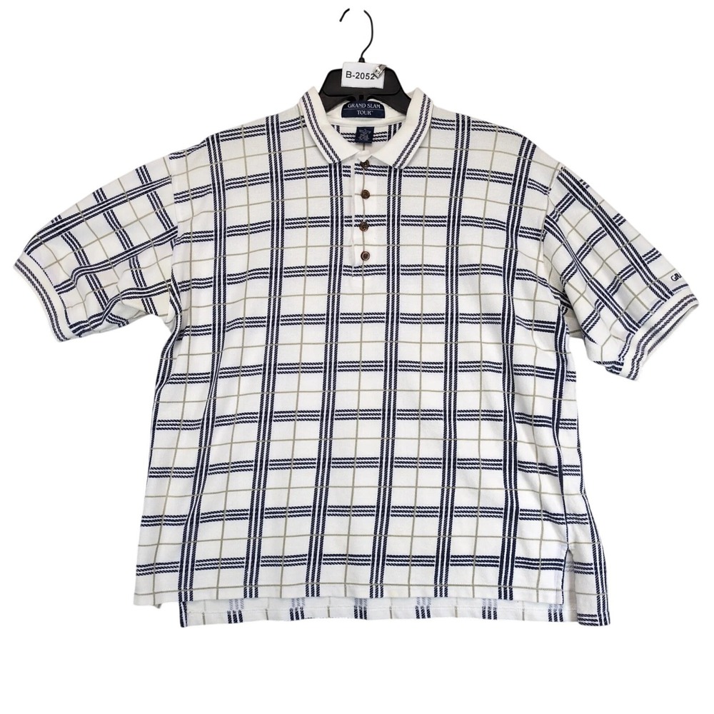 Vintage 90s Grand Slam Tour White Plaid Golf Polo Shirt Mens XL Nautical Cotton